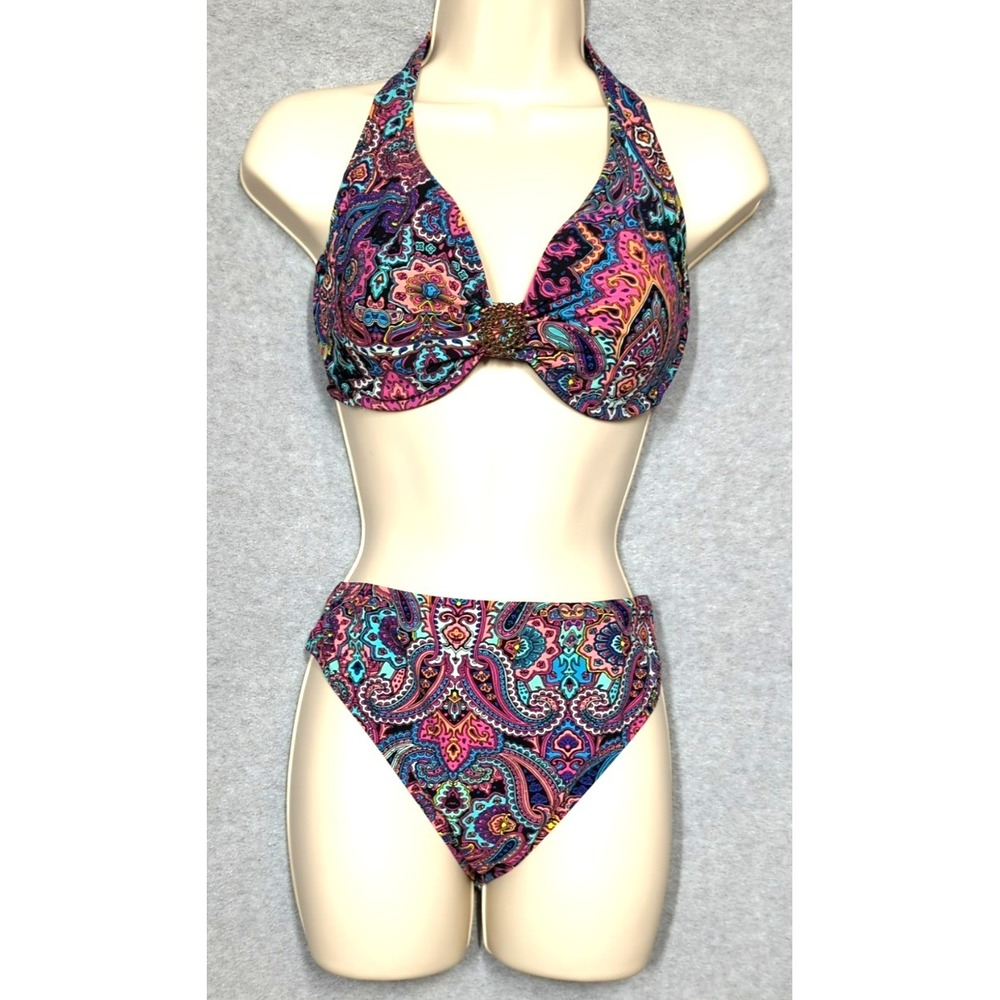 GOTTEX Bikini Sz 12  Halter Top C Cup Bottom Paisley Multicolor Gold Medallion